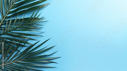 A palm leaf on a blue background with copy space. Ideal for tropical themes or summer designs