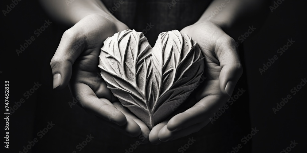 A person holding a leaf in their hands. Suitable for nature and environmental concepts - obrazy, fototapety, plakaty 