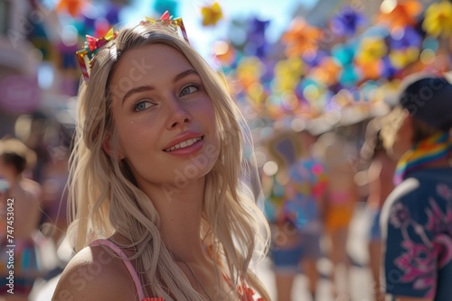 Wallpaper Mural A joyful young woman with blonde hair enjoys a vibrant outdoor festival, surrounded by colorful decorations and lively crowds.

 Torontodigital.ca