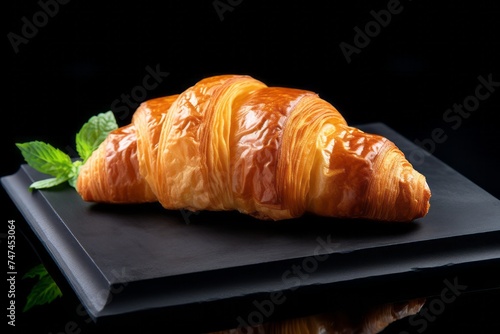 Macro view photography of a delicious croissant on a plastic tray against a black slate background. AI Generation