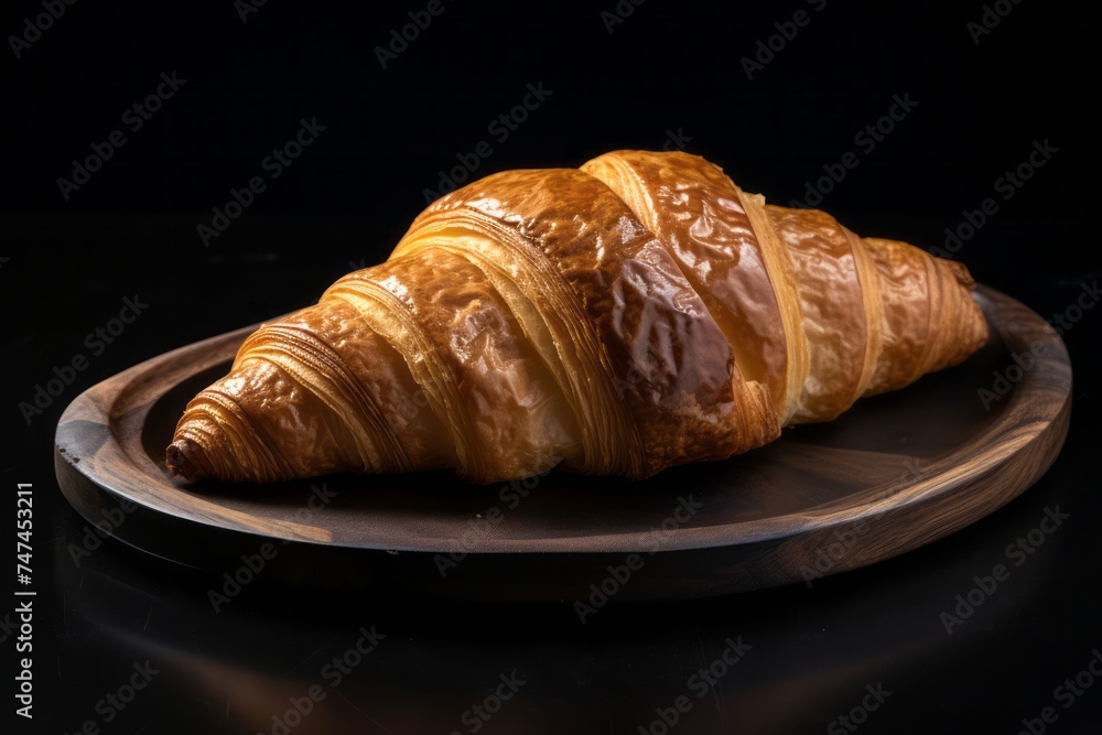 Detailed close-up photography of a refined  croissant on a porcelain platter against a black slate background. AI Generation