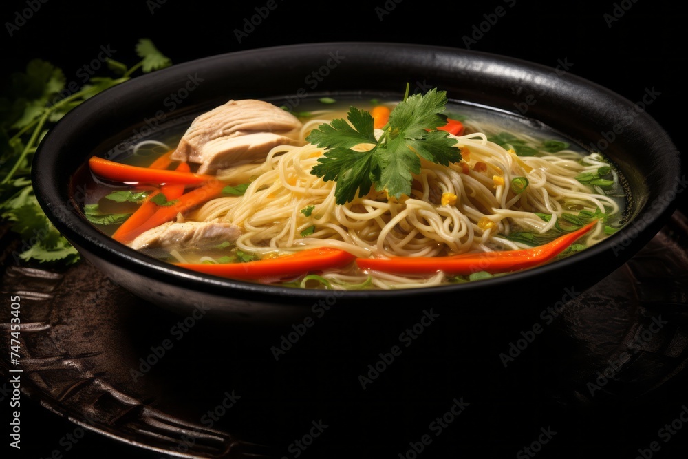 Macro detail close-up photography of an hearty chicken noodle soup on a porcelain platter against a black slate background. AI Generation Macro detail close-up photography of an hearty chicken noodle soup on a porcelain platter against a black slate background. AI Generation