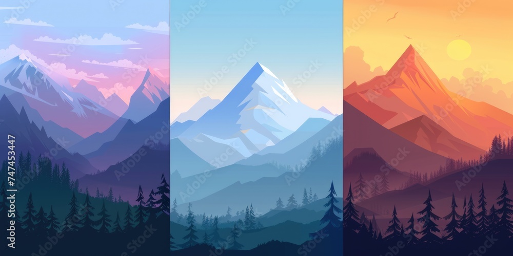 Stunning view of four different colored mountains with pine trees in the foreground. Perfect for travel and nature-themed designs