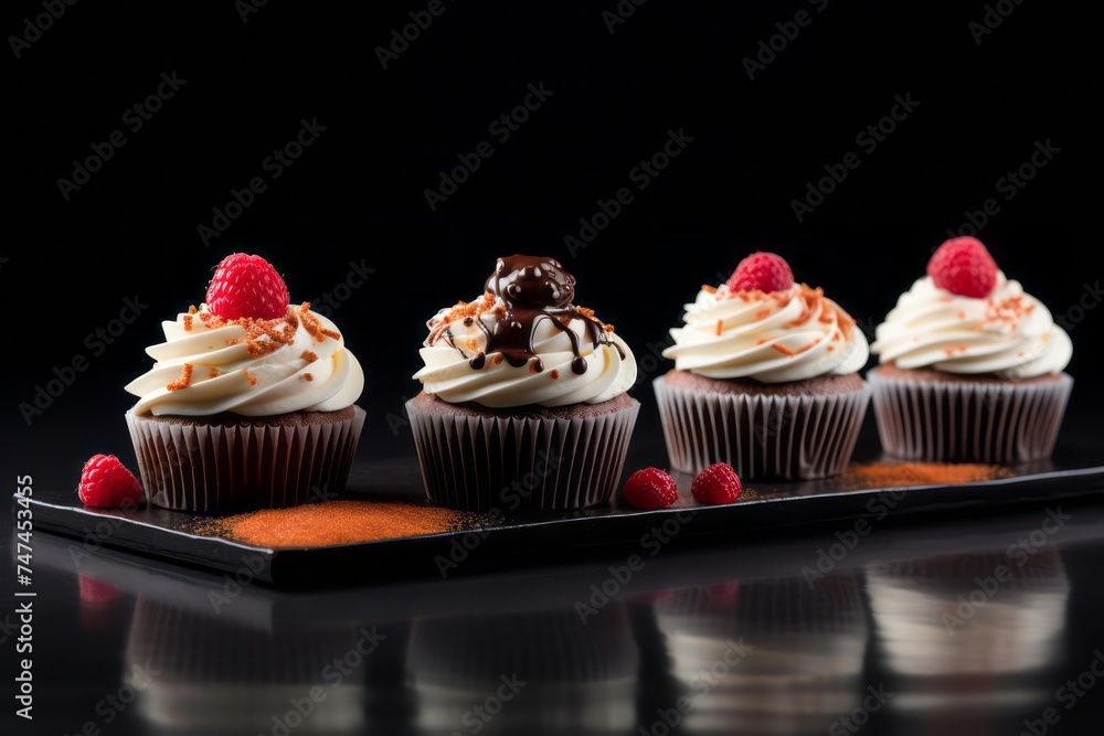 Conceptual close-up photography of a delicious cupcakes on a marble slab against a black slate background. AI Generation Conceptual close-up photography of a delicious cupcakes on a marble slab against a black slate background. AI Generation