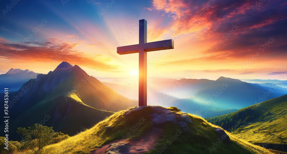 Amazing 3d good friday background with cross in sunset sea landscape Amazing 3d good friday background with cross in sunset sea landscape