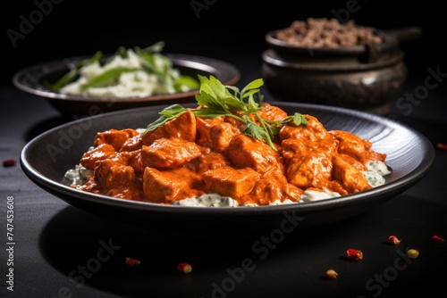 Macro detail close-up photography of a delicious chicken tikka masala on a rustic plate against a black slate background. AI Generation