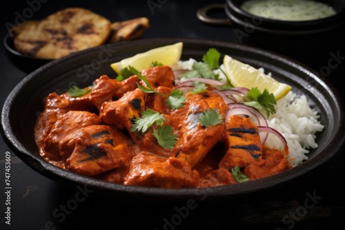 Macro detail close-up photography of a delicious chicken tikka masala on a rustic plate against a black slate background. AI Generation