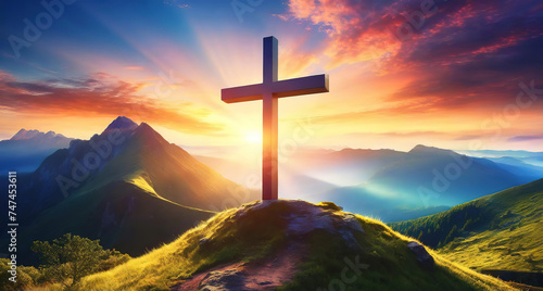 Amazing 3d good friday background with cross in sunset sea landscape