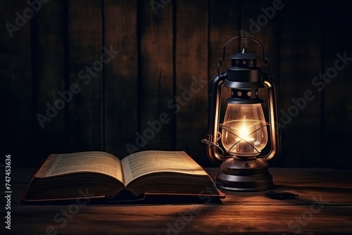 Traditional lantern with book on wooden table Ramadan and Eid 2024 concept