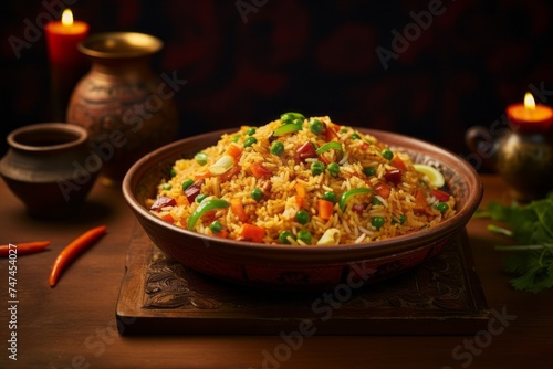 Close-up view photography of a refined  fried rice on a wooden board against a colorful tile background. AI Generation