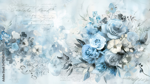 Muted blue vintage retro scrapbooking paper background with retro flower bouquets