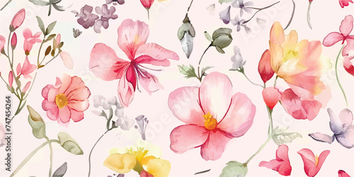 Seamless pattern, Blooming flowers with watercolor on pastel colors. Design for fabric luxurious wallpaper, vintage style. Hand drawn floral pattern. Botany garden