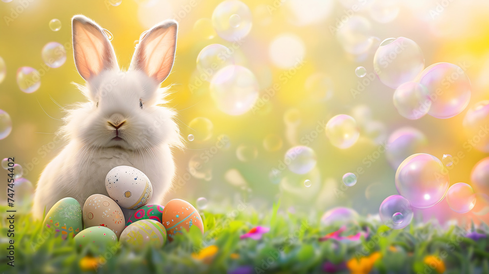 Easter bunny and Easter eggs with fancy bubble on green grass field in spring. Easter bunny and Easter eggs with fancy bubble on green grass field in spring.