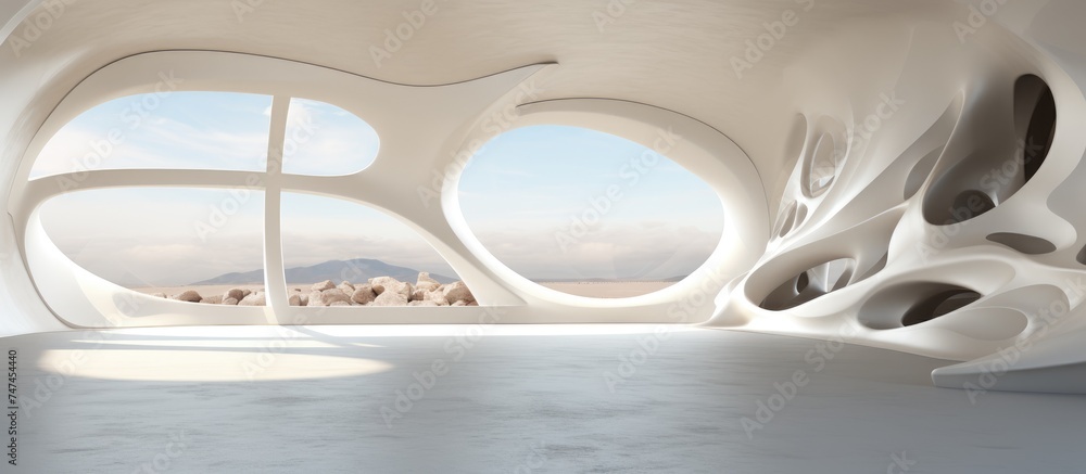 A modern room with a large window showcasing a stunning view of majestic mountains in the distance. A modern room with a large window showcasing a stunning view of majestic mountains in the distance.