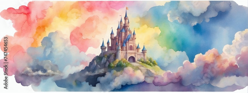 Watercolor magical castle in the clouds with a rainbow-colored sky. photo