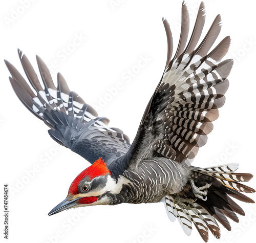 a Pileated Woodpecker bird, flying in a 3/4 side view PNG, in a Nature-themed, isolated, and transparent photorealistic illustration. Generative ai