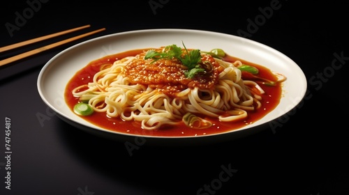 A white plate topped with noodles and sauce. Perfect for food blogs or restaurant menus