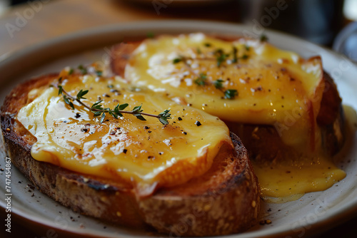 A plate of Welsh rarebit, a dish made from a savory sauce of melted cheese and other ingredients, served hot over toast