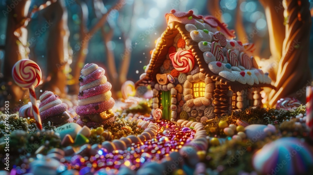 Fototapeta premium Sweet gingerbread house surrounded by candy in a forest setting. Perfect for holiday and fantasy themes