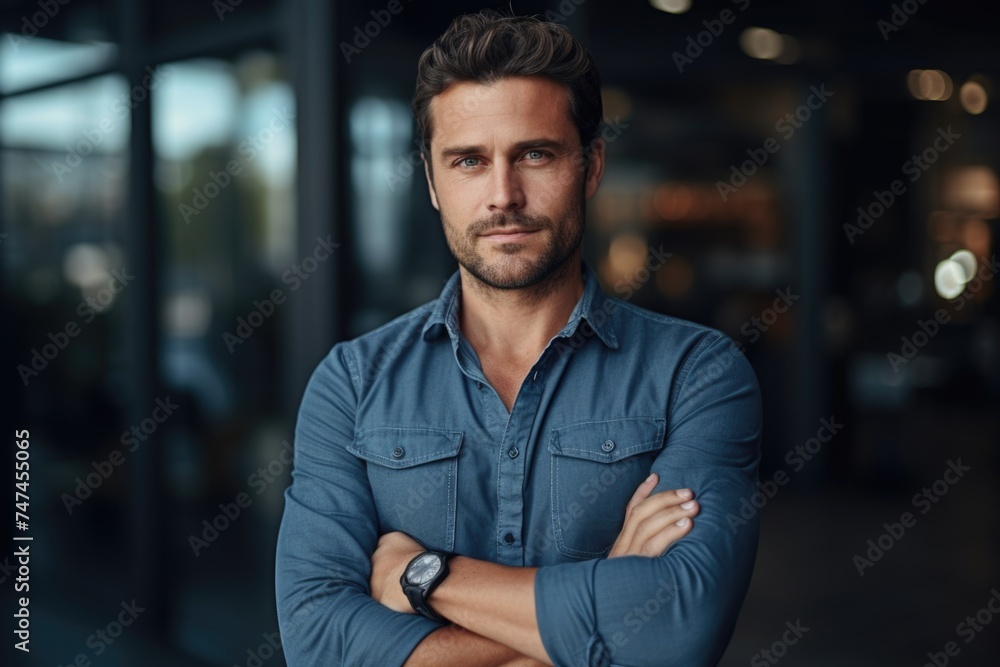 A man standing with arms crossed, looking confident. Suitable for business concepts A man standing with arms crossed, looking confident. Suitable for business concepts