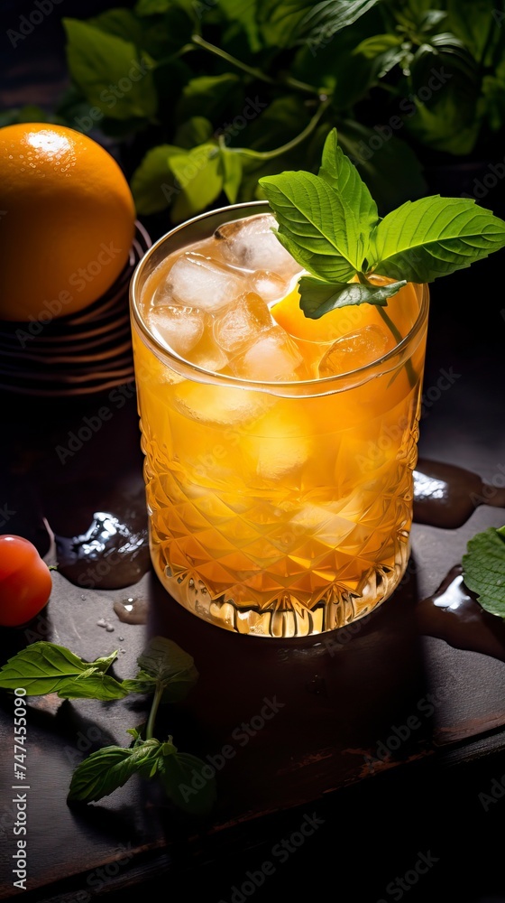 Apricot Brandy Smash drinks on a Table with Beautiful Lighting a Table Apricot Brandy Smash drinks on a Table with Beautiful Lighting a Table
