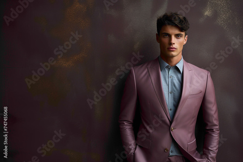 Fashion-forward male model in a chic mauve suit, standing with charm against a textured bronze wall.