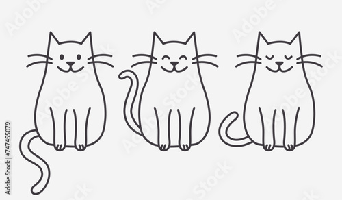 Set of black and white illustrations of cute cats