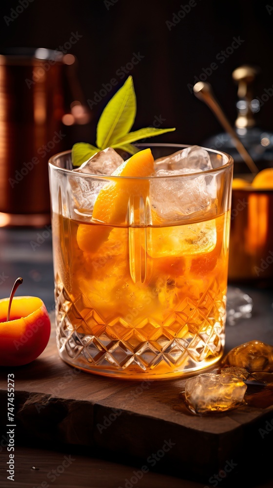 Apricot Brandy Smash drinks on a Table with Beautiful Lighting a Table Apricot Brandy Smash drinks on a Table with Beautiful Lighting a Table