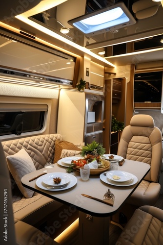 Luxurious interior inside the motorhome. The concept of a comfortable journey photo