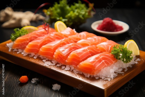 Close-up view photography of an hearty sashimi on a wooden board against a colorful tile background. AI Generation
