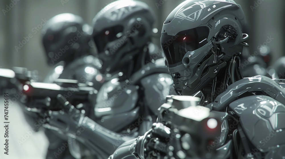 In a futuristic workshop, engineers build an advanced army of cybernetic soldiers, integrating Sharping-edge technology In a futuristic workshop, engineers build an advanced army of cybernetic soldiers, integrating Sharping-edge technology