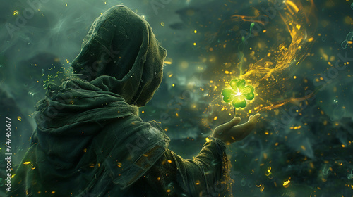 In a fantasy realm, a hero holds a clover card, casting spells surrounded by a halo of light, symbolizing luck and protection on their quest(333)(1)-Enhanced-SR photo