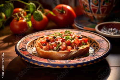 Detailed close-up photography of a refined bruschetta in a clay dish against a colorful tile background. AI Generation