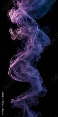 Photograph of intertwining tendrils of smoke in shades of sapphire and amethyst against a midnight sky.