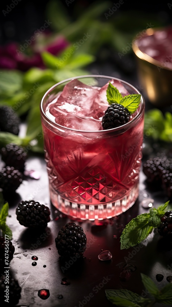 Blackberry Bourbon Smash drinks on a Table with Beautiful Lighting Blackberry Bourbon Smash drinks on a Table with Beautiful Lighting