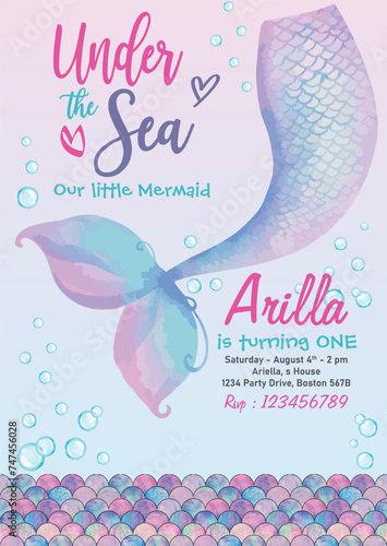 Children's mermaid birthday invitation card under water vector bubble mermaid tail