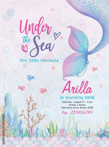Children's mermaid birthday invitation card under water vector