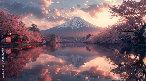 Cherry blossoms frame Mount Fuji, hanami picnics under pink sakura, spring festival serenity, kimonos, tea ceremonies.