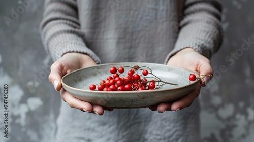 In natural light on a concrete background, Anonymous is holding a ceramic dish with a spray of organic buffaloberries against a textured grey background. photo