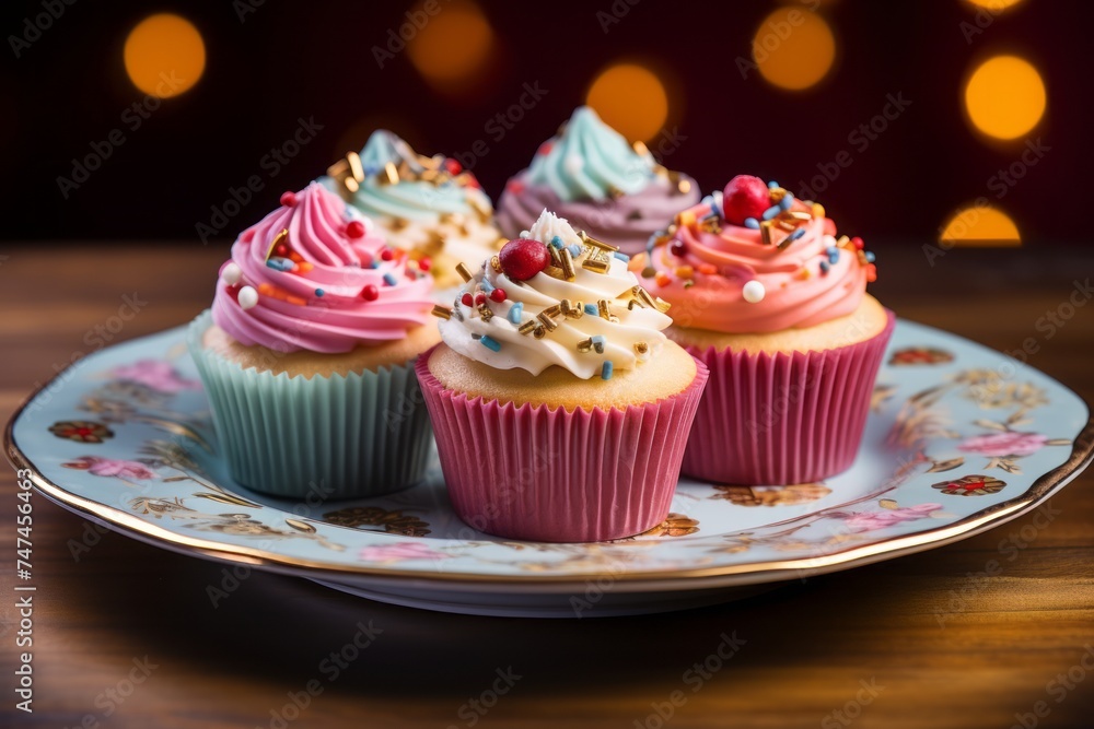 Macro detail close-up photography of an exquisite cupcakes on a rustic plate against a colorful tile background. AI Generation