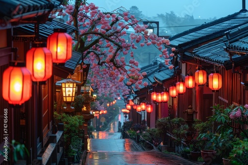 Japanese street food scenes during spring festivals, lantern festivals illuminating the night, plum blossoms adding color, Japanese temples against springtime backdrops.