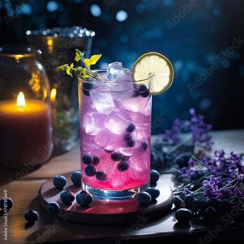 Blueberry Vodka Lemonade drinks on a Table with Beautiful Lighting