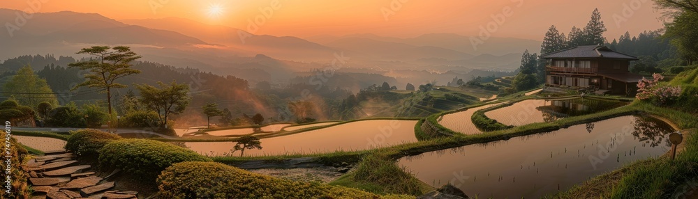 Embracing spring's warmth, vibrant wildlife, rice terraces under clear skies, sunset views over serene lakes.