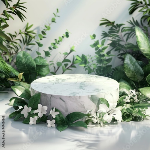 elegant marble stand surrounded by fresh green foliage and floral accents