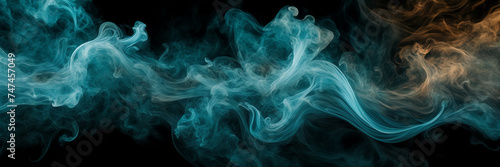 Abstract composition featuring dynamic swirls of smoke in shades of jade and topaz against a backdrop of rich, velvety black.