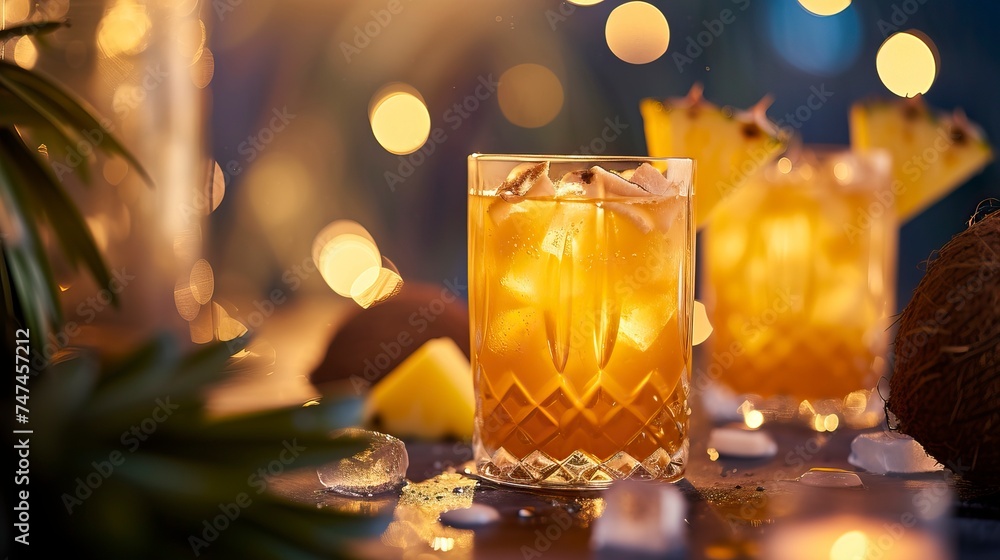 Coconut Pineapple Rum Punch drinks on a Table with Beautiful Lighting Coconut Pineapple Rum Punch drinks on a Table with Beautiful Lighting