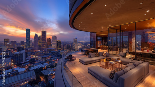 Luxurious Houston skyline vista from penthouse, panoramic and elegant, epitomizing urban sophistication.generative ai