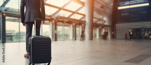 Businessman with suitcase in airport terminal. Travel and business concept. Travel and tourism concept with copy space. Travel concept with copy space. 