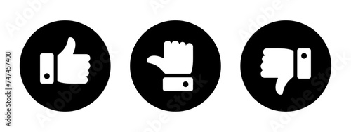 Like, dislike and neutral thumb icon symbol set in circle in black and white color. Rating thumb icon set - Vector Icon