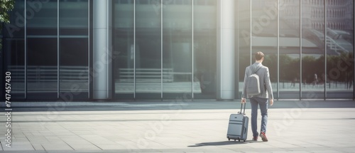 Businessman with suitcase in front of office building, panoramic banner. Travel and business concept. Travel and tourism concept with copy space. Travel concept with copy space. 